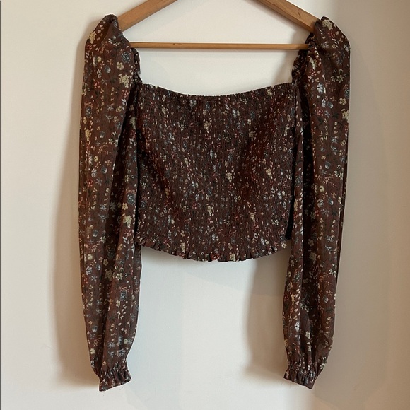 Aritzia Tops - Aritzia Brown Floral Smocked Off-Shoulder Blouse
